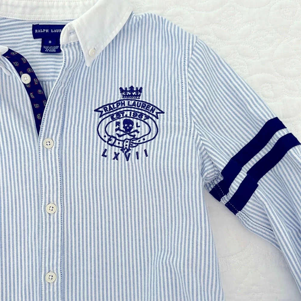 Ralph Lauren Girls Blue White Striped Cotton Oxford Shirtdress Size 8 Dress - Picture 2 of 5